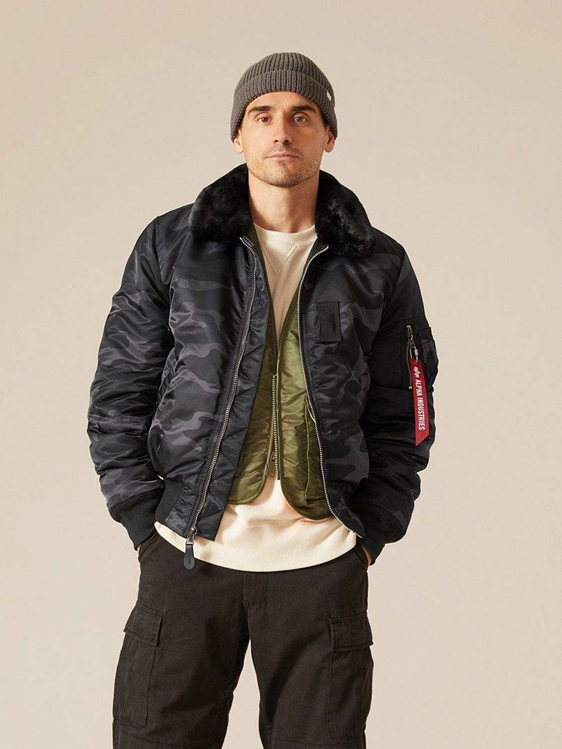 Куртка / Бомбер утепленный мужской ''B-15 Slim Fit'' (Black Woodland Camo) Alpha Industries