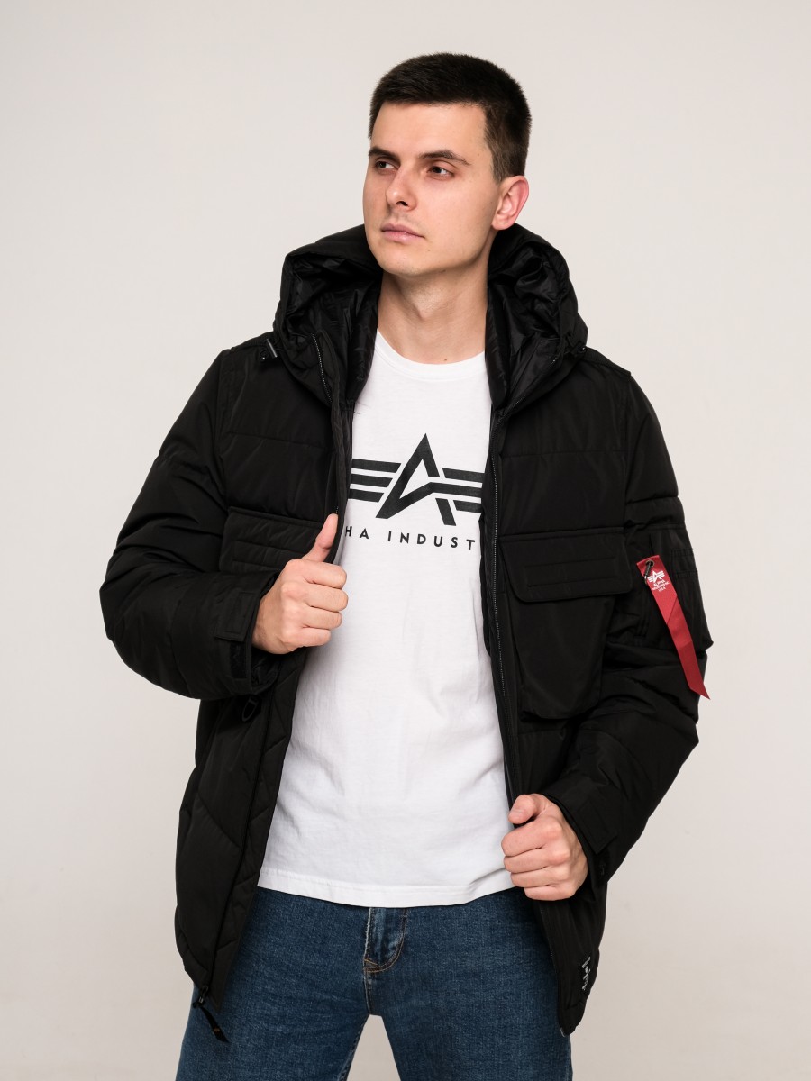 Куртка теплая мужская "Hooded Puffer" (Black) Alpha Industries