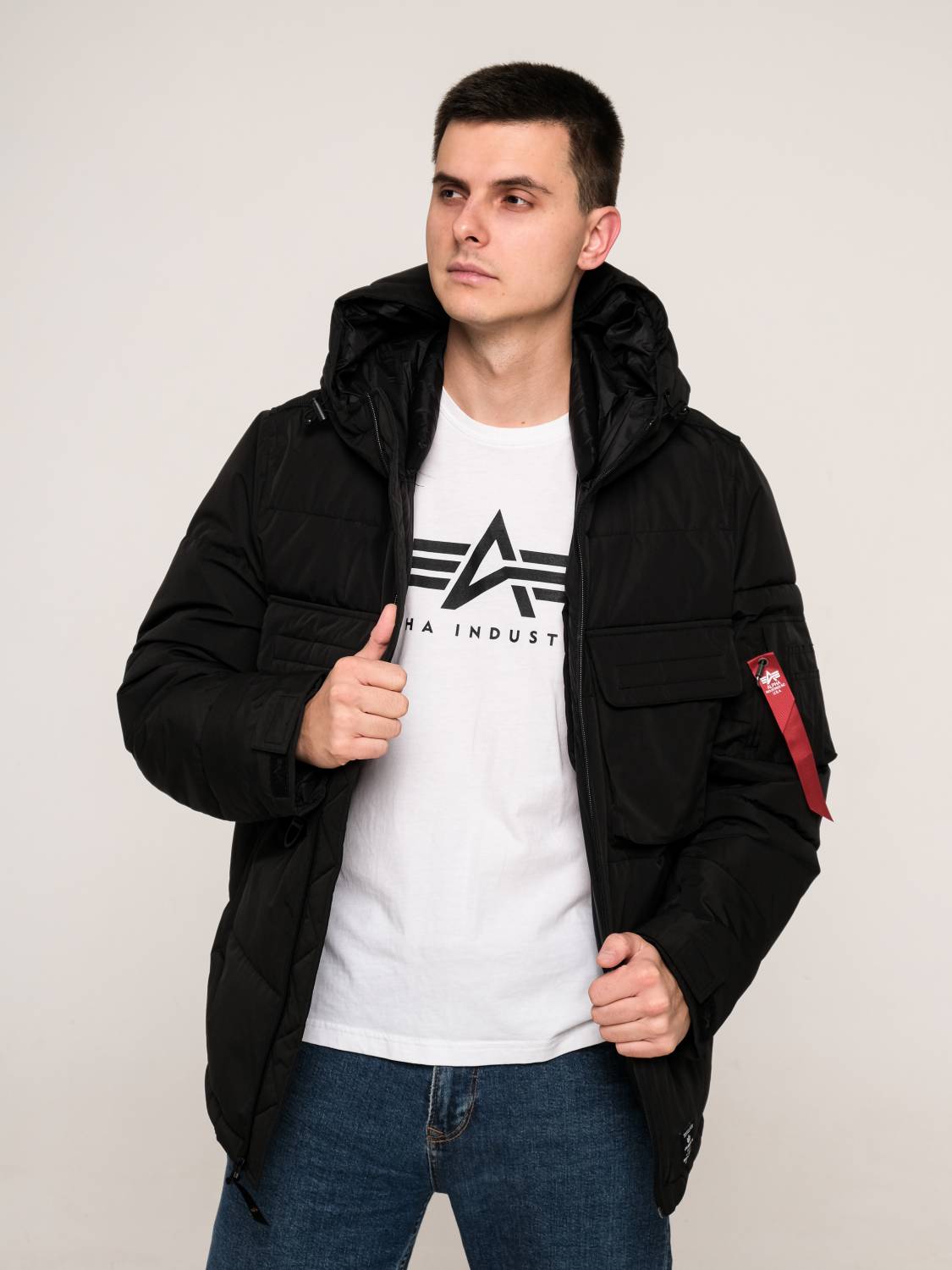 Куртка теплая мужская "Hooded Puffer" (Black) Alpha Industries