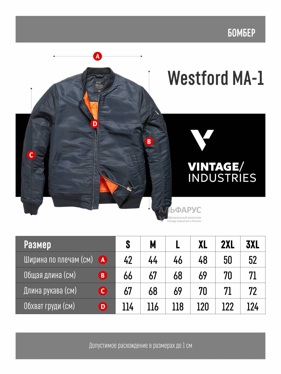 Куртка / Бомбер утепленный мужской ''Westford MA-1'' (Night Sky) Vintage Industries