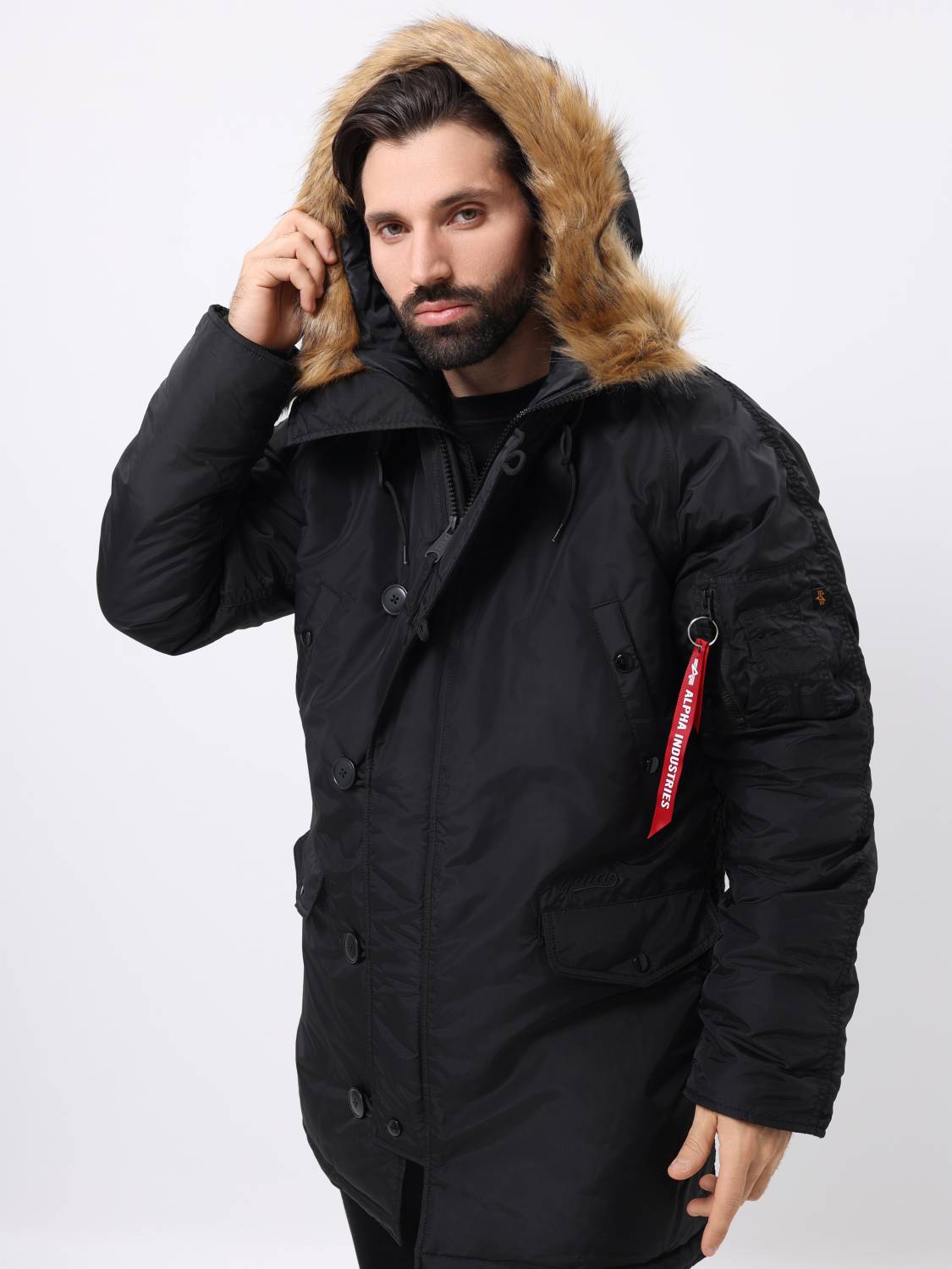 Куртка / Парка теплая мужская "N-3B Logo Oxford" (Black) Alpha Industries