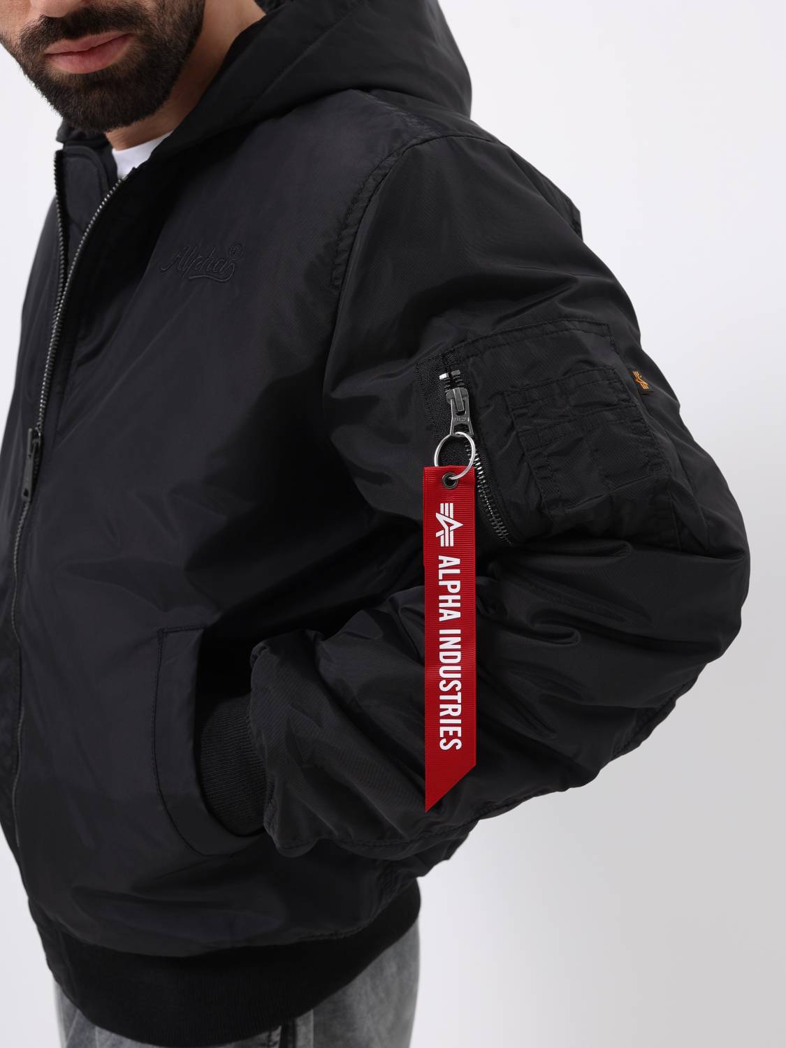 Куртка / Бомбер утепленный мужской '' MA-1 Hooded Logo Oxford'' (Black) Alpha Industries