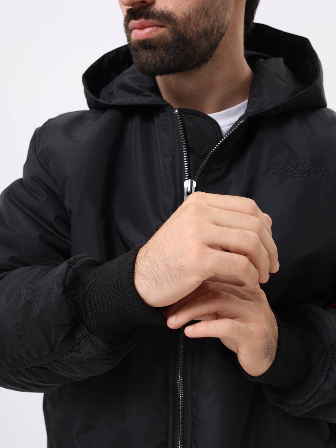 Куртка / Бомбер утепленный мужской '' MA-1 Hooded Logo Oxford'' (Black) Alpha Industries