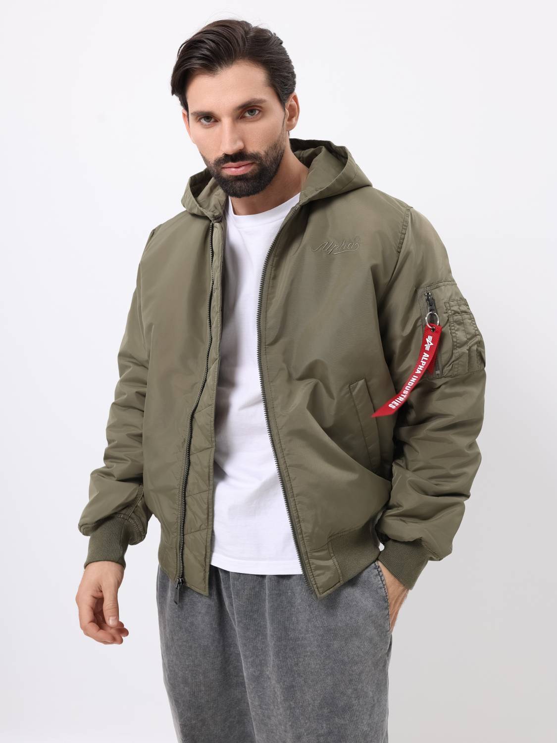 Куртка / Бомбер утепленный мужской '' MA-1 Hooded Logo Oxford'' (OG-107 Green) Alpha Industries