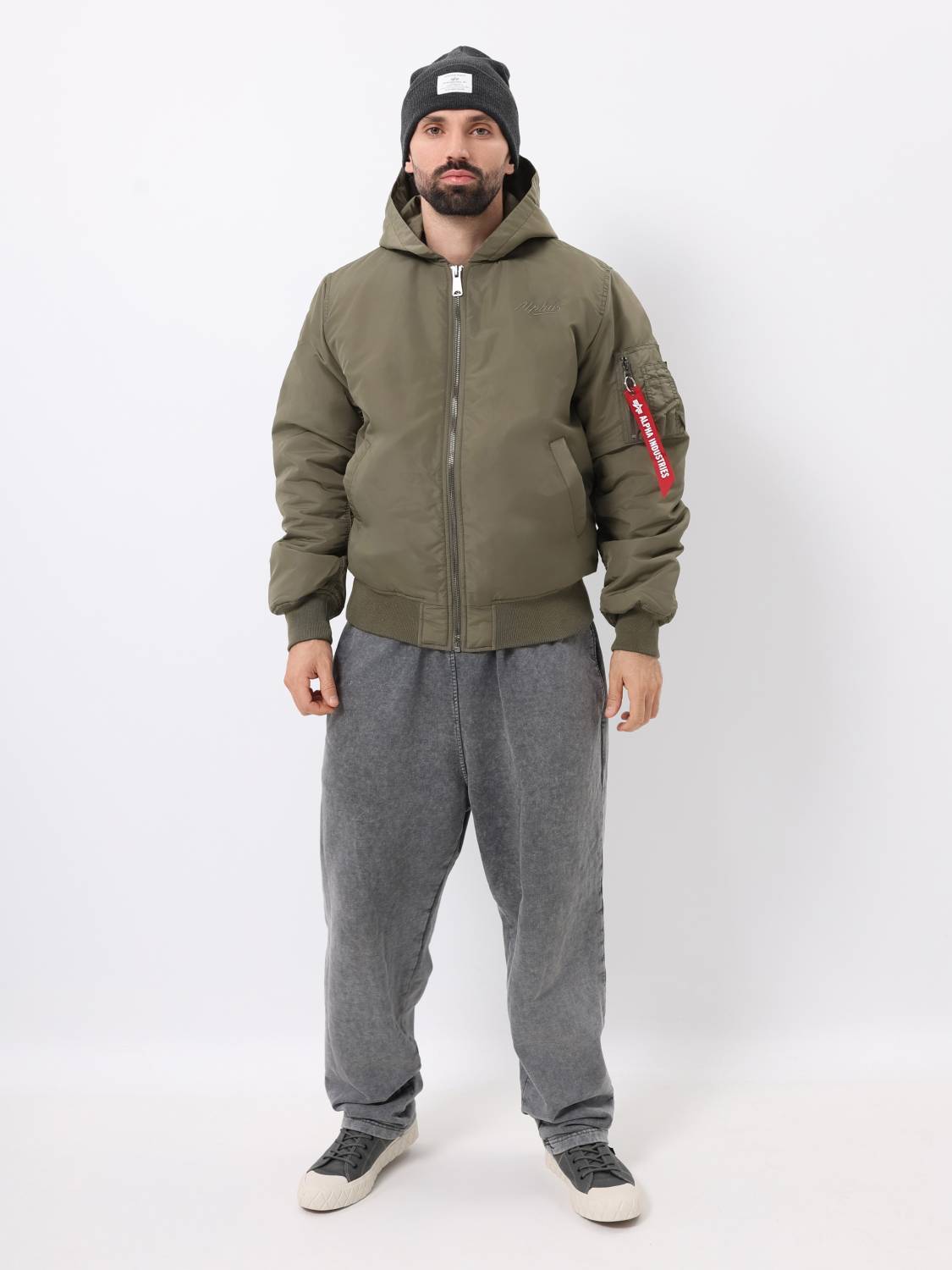Куртка / Бомбер утепленный мужской '' MA-1 Hooded Logo Oxford'' (OG-107 Green) Alpha Industries