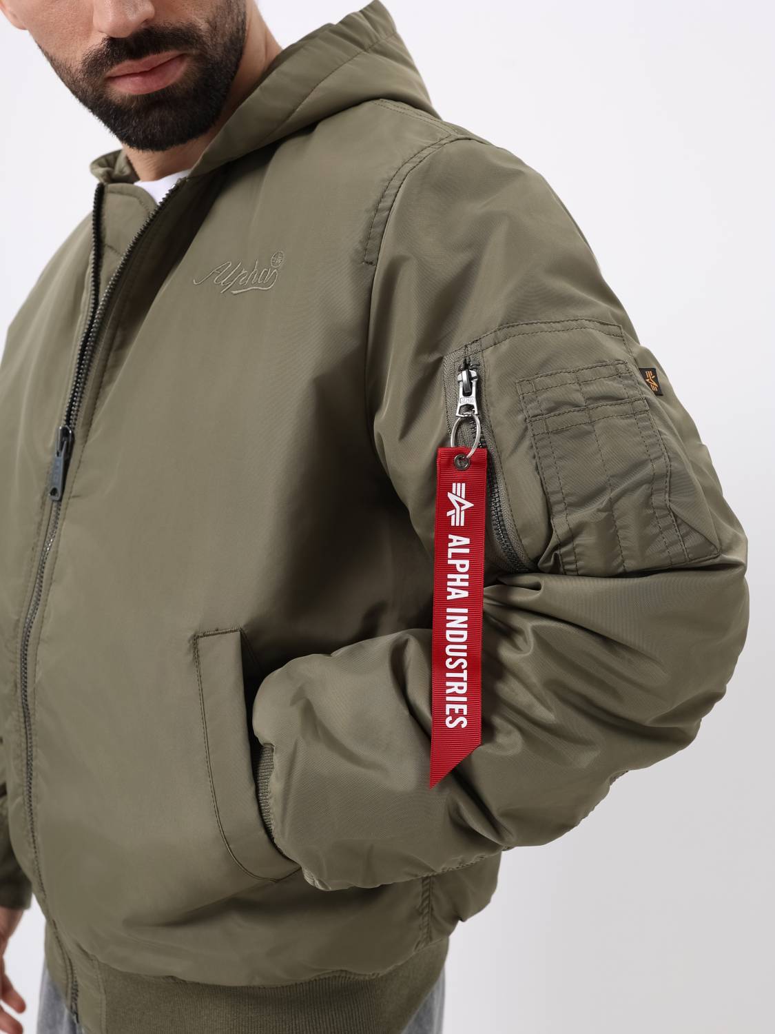 Куртка / Бомбер утепленный мужской '' MA-1 Hooded Logo Oxford'' (OG-107 Green) Alpha Industries