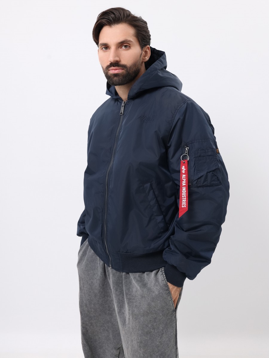 Куртка / Бомбер утепленный мужской '' MA-1 Hooded Logo Oxford'' (Replica Blue) Alpha Industries