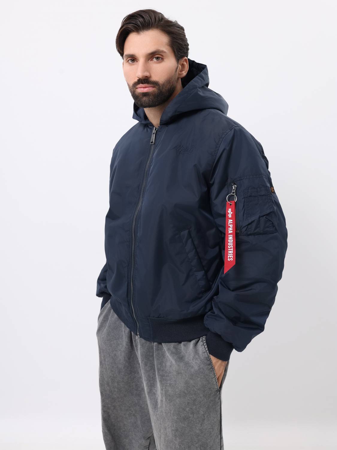 Куртка / Бомбер утепленный мужской '' MA-1 Hooded Logo Oxford'' (Replica Blue) Alpha Industries
