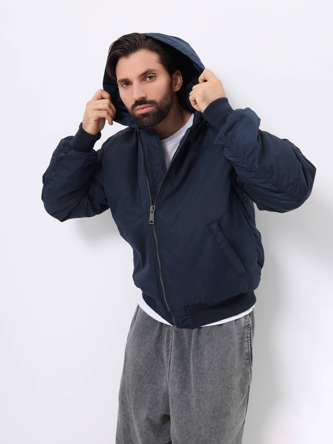 Куртка / Бомбер утепленный мужской '' MA-1 Hooded Logo Oxford'' (Replica Blue) Alpha Industries