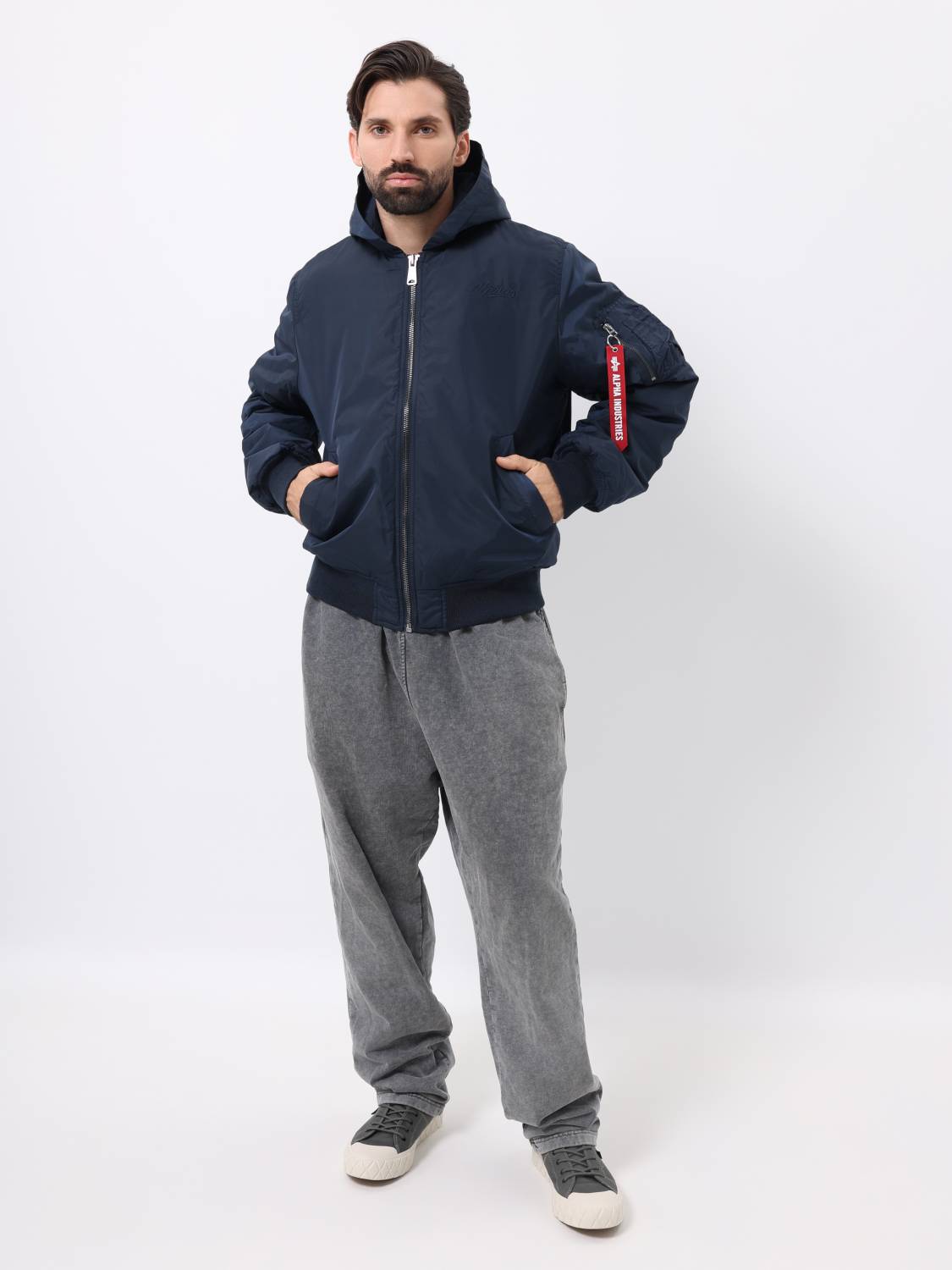 Куртка / Бомбер утепленный мужской '' MA-1 Hooded Logo Oxford'' (Replica Blue) Alpha Industries