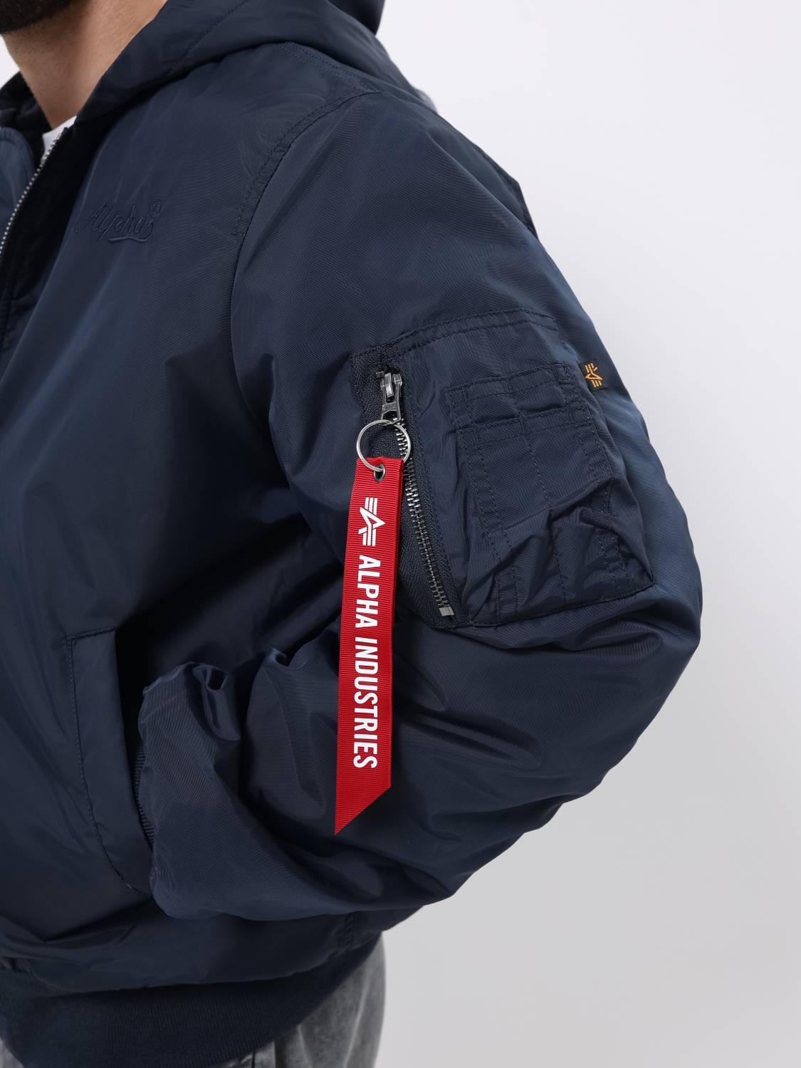 Куртка / Бомбер утепленный мужской '' MA-1 Hooded Logo Oxford'' (Replica Blue) Alpha Industries