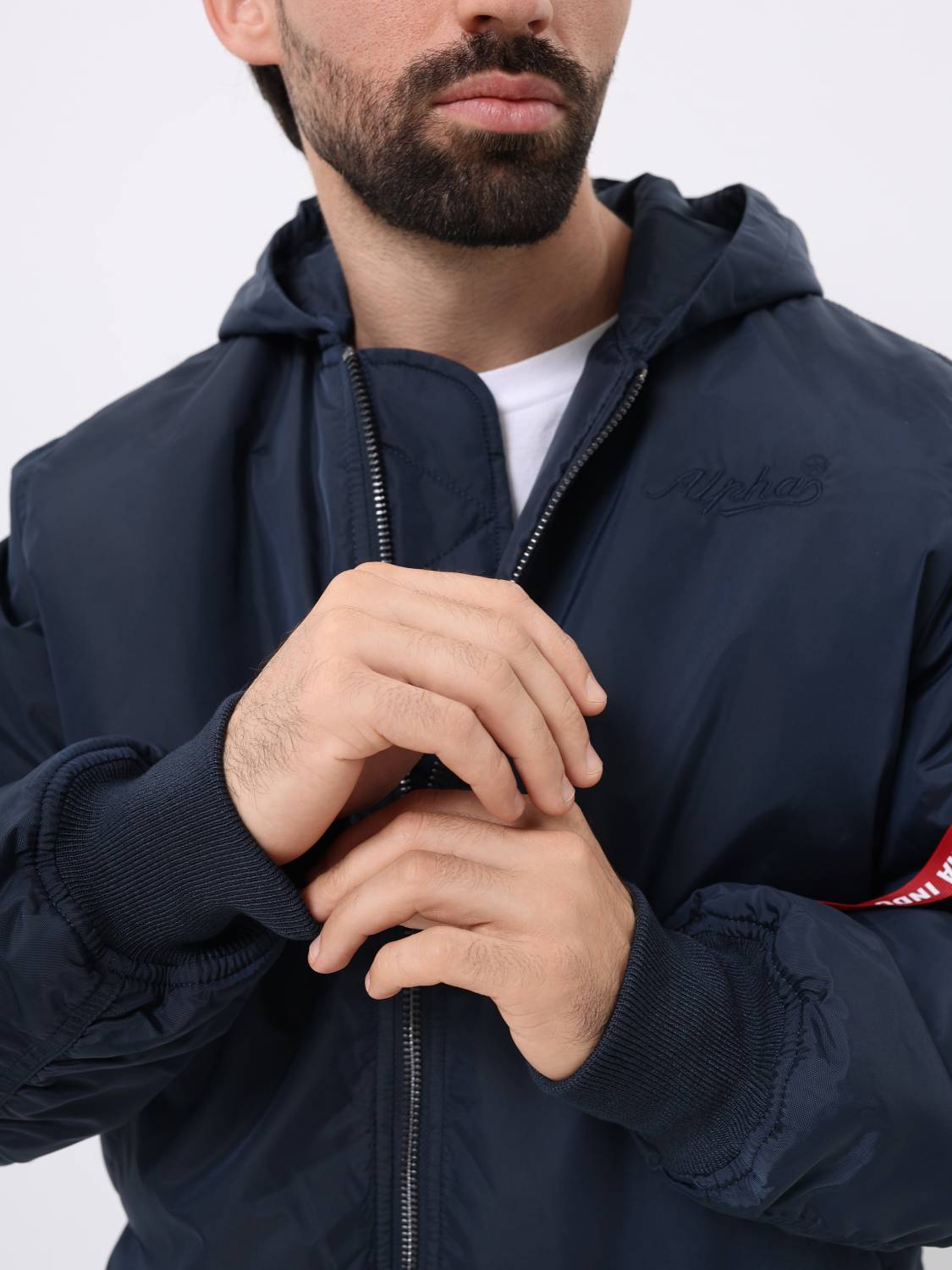 Куртка / Бомбер утепленный мужской '' MA-1 Hooded Logo Oxford'' (Replica Blue) Alpha Industries