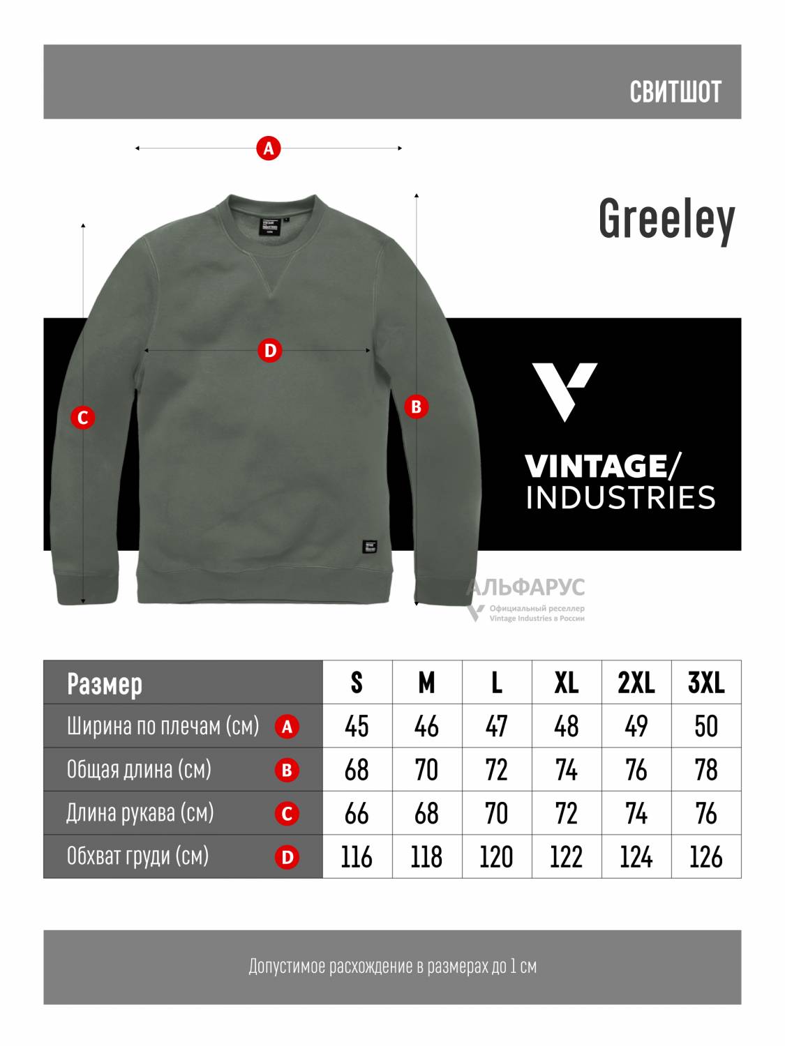 Свитшот / Толстовка "Greeley" (Mid Grey) Vintage Industries